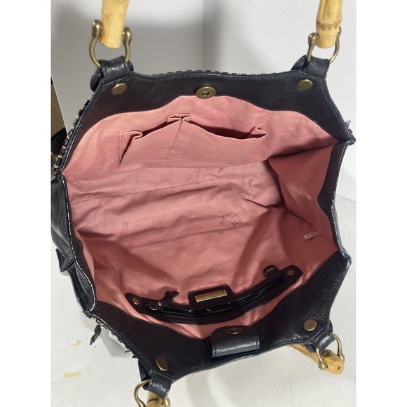 Isabella Fiore Black Beaded & Woven Leather Clutch Handbag With Wooden Handles - Picture 6 of 6